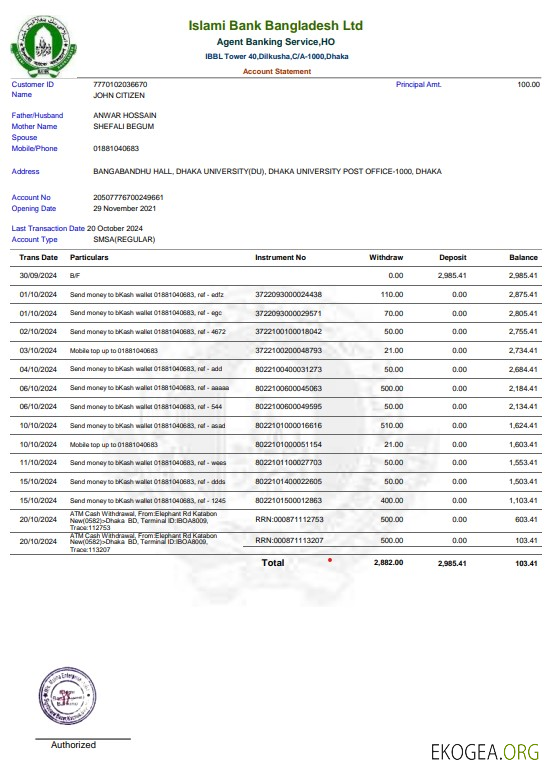 Exemple de relevé Word et PDF de la Bangladesh Islami Bank